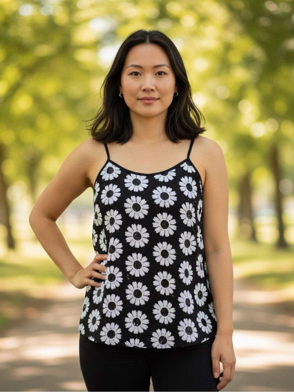 Ceico Women's Sequin Black White Daisy Cami Top Spaghetti Straps Size S